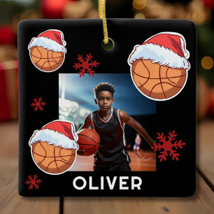Ornement En Céramique Basketball Casquette de Père Noël Nom Photo Noël