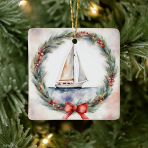 Ornement En Céramique Bateau à voile de Noël à l'aquarelle dans une cour