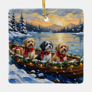 Ornement En Céramique Bateau de Noël Lhasa Apso pour les Fêtes