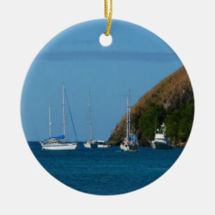 Ornement En Céramique Bateaux à voile dans la baie Blancs et Bleus Nauti