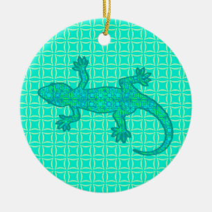 Ornement En Céramique Batik tribal Gecko - turquoise / paon