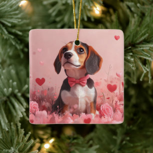 Ornement En Céramique Beagle avec des roses - Saint-Valentin