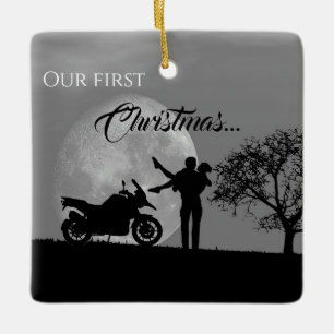 Ornement En Céramique Beau Couples Premier Noël Moto Amour