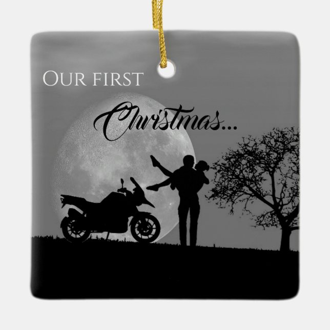 Ornement En Céramique Beau Couples Premier Noël Moto Amour (Devant)