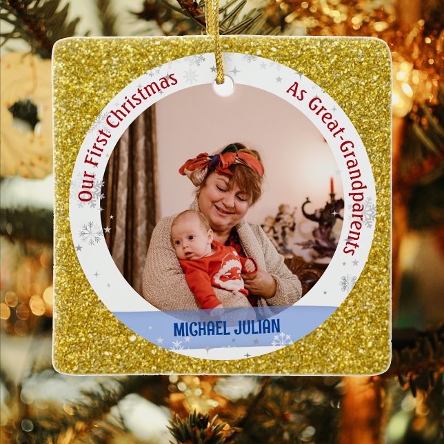 Ornement En Céramique Bébé 1er Noël Comme Grands-parents 2 Photos (Elegant Modern Cute Golden Our First Christmas as Great-Grandparents Baby Boy 2 Photos Glitter)