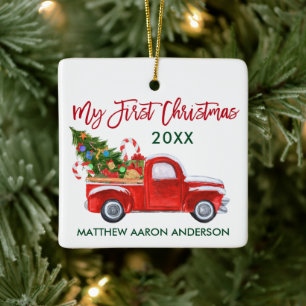 Ornement En Céramique Bébé Mon premier Camion de Noël Arbre Rouge Vert