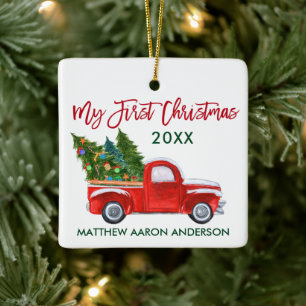 Ornement En Céramique Bébé Mon premier Camion Vintage de Noël Rouge Vert