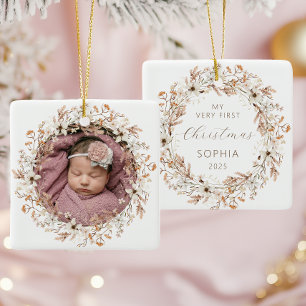 Ornement En Céramique Bébé Photo Personnalisé 1er Noël Fleurs Sauvages