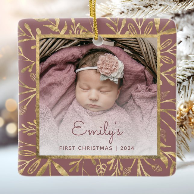 Ornement En Céramique Bébés 1er Noël Photo Gold Foliage Dusty Rose (Créateur téléchargé)