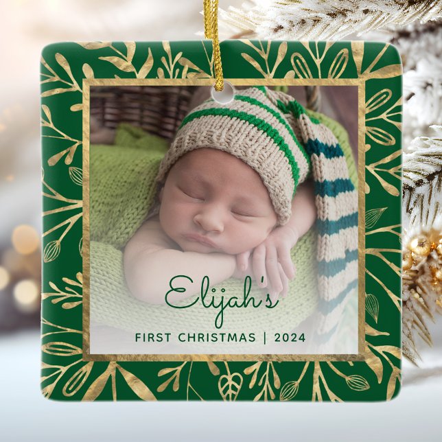 Ornement En Céramique Bébés 1er Noël Photo Green Gold Foliage (Créateur téléchargé)