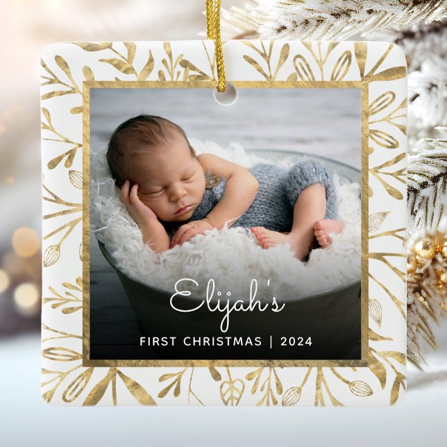 Ornement En Céramique Bébés 1ère photo de Noël Gold Foliage Blanc (Créateur téléchargé)