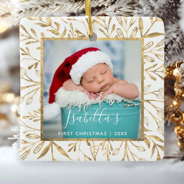 Ornement En Céramique Bébés première photo de Noël Gold Foliage Blanc (Créateur téléchargé)