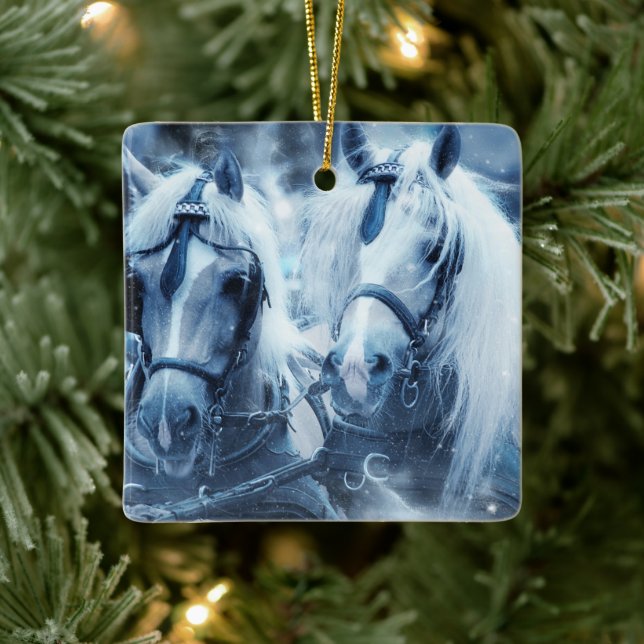 Ornement En Céramique Belle équipe Cheval Hiver Conduite photo (Arbre)