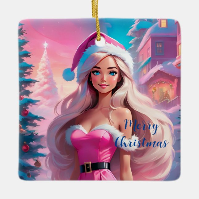 Ornement En Céramique Belle fille de Noël rose 01 (Devant)