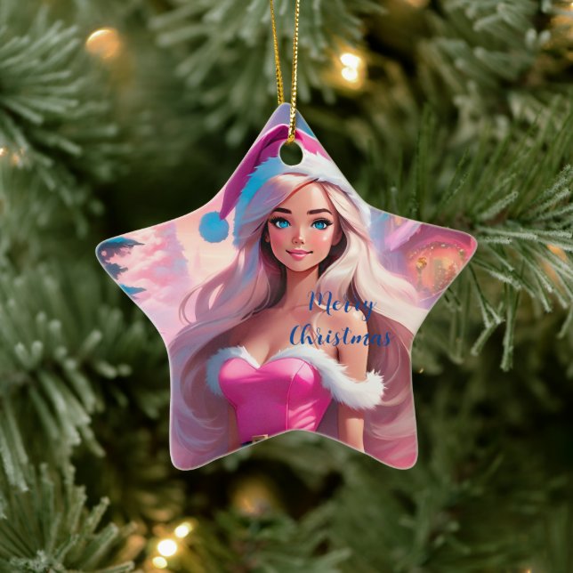 Ornement En Céramique Belle fille de Noël rose 01 (Arbre)
