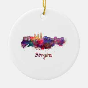 Ornement En Céramique Bergen skyline in watercolor