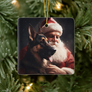 Ornement En Céramique Berger Allemand avec le Père Noël Noël Festif