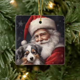 Ornement En Céramique Berger Australien avec le Père Noël Noël