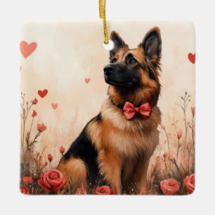 Ornement En Céramique Berger belge avec des roses - Saint-Valentin