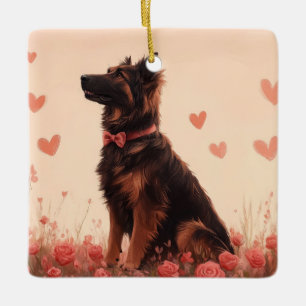 Ornement En Céramique Berger d'Anatolie avec des Roses - Saint-Valentin