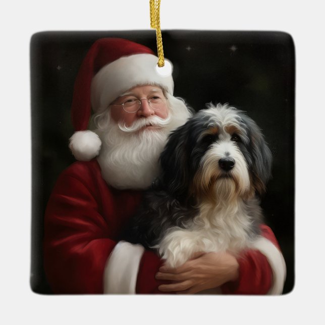 Ornement En Céramique Bernedoodle avec Noël Festif du Père Noël (Devant)