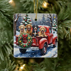 Ornement En Céramique Bernedoodle Noël Camion Rouge Fêtes