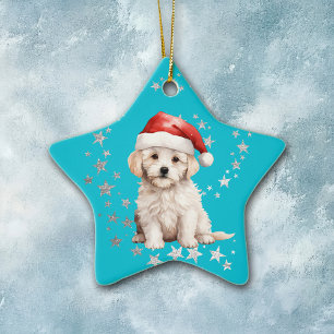 Ornement En Céramique Bichon Frise Chien Argent Étoiles Bleu Noël