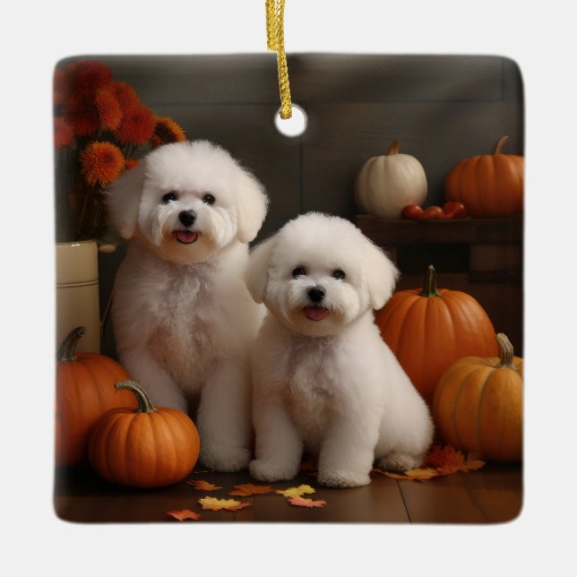 Ornement En Céramique Bichon Frise Puppy Automne Citrouille délice (Devant)