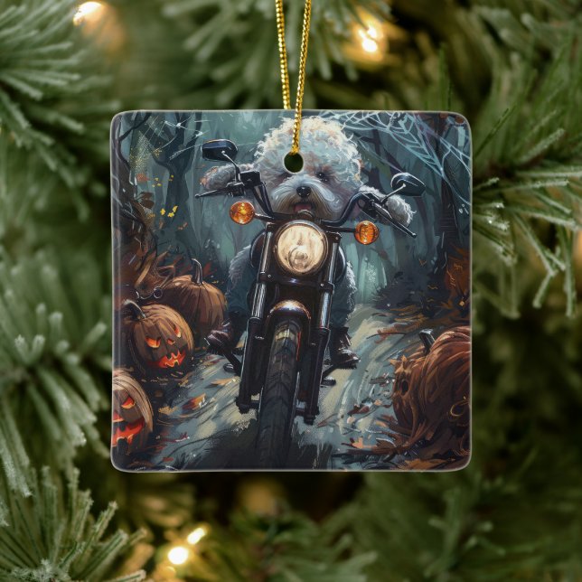 Ornement En Céramique Bichon Frise Riding Moto Halloween Scandale (Arbre)