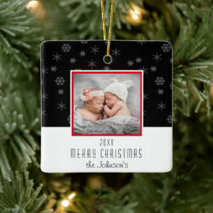 Ornement En Céramique Black and White Family Photo Christmas