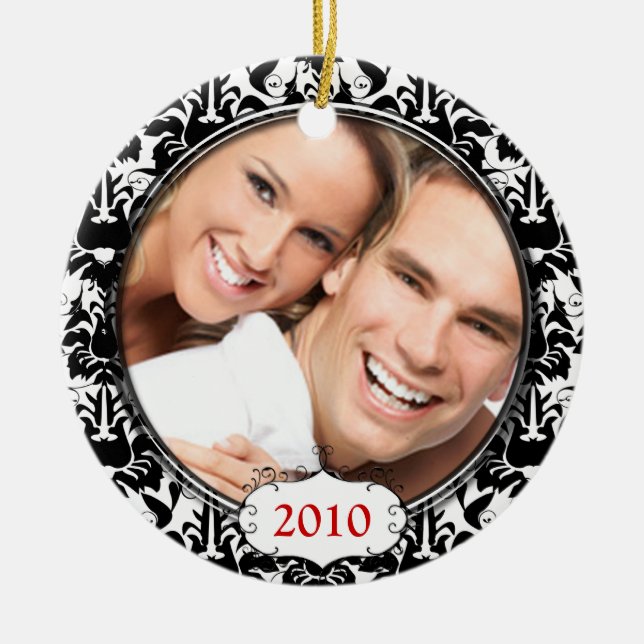 Ornement En Céramique Black Damask Your Photo Christmas Orament (Devant)