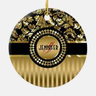 Ornement En Céramique Black & Metallic Gold Floral Damas & Stripes