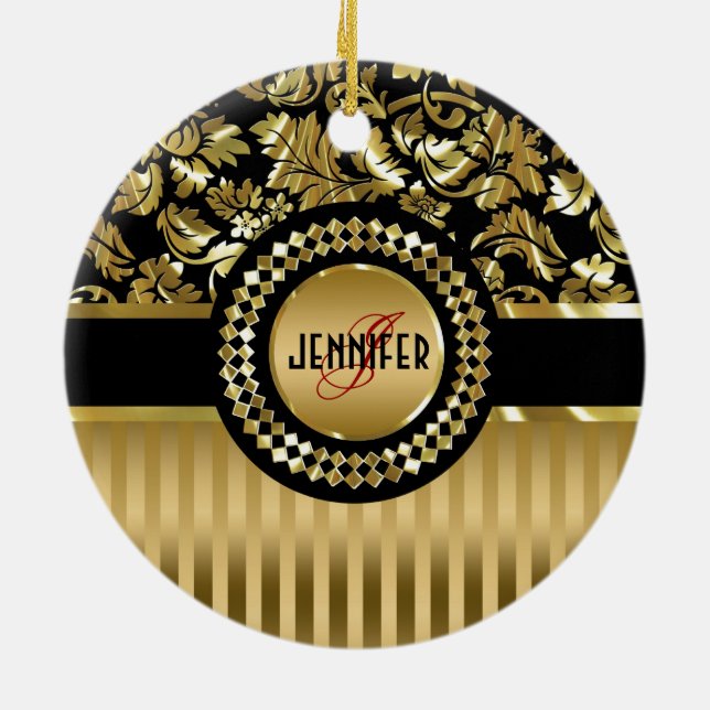 Ornement En Céramique Black & Metallic Gold Floral Damas & Stripes (Dos)