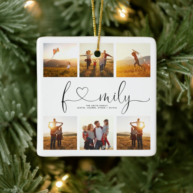 Ornement En Céramique Black & White Heart Script 6 Photo Family Collage (Arbre)