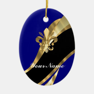 Ornement En Céramique Bleu-foncé et gold fleur de lys