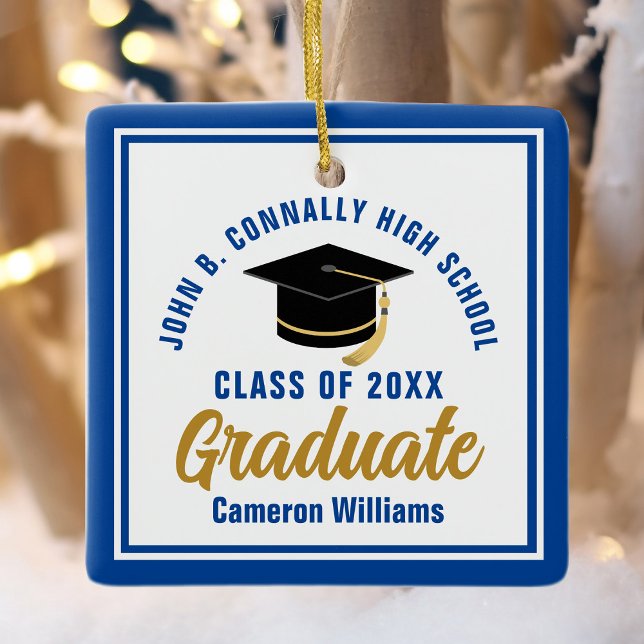 Ornement En Céramique Bleu Gold Graduate 2025 Personnalisé Noël (Créateur téléchargé)