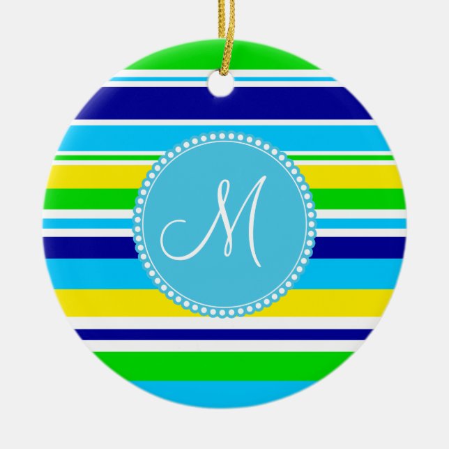 Ornement En Céramique Bleu jaune vert turquoise rayé d'été de monogramme (Devant)