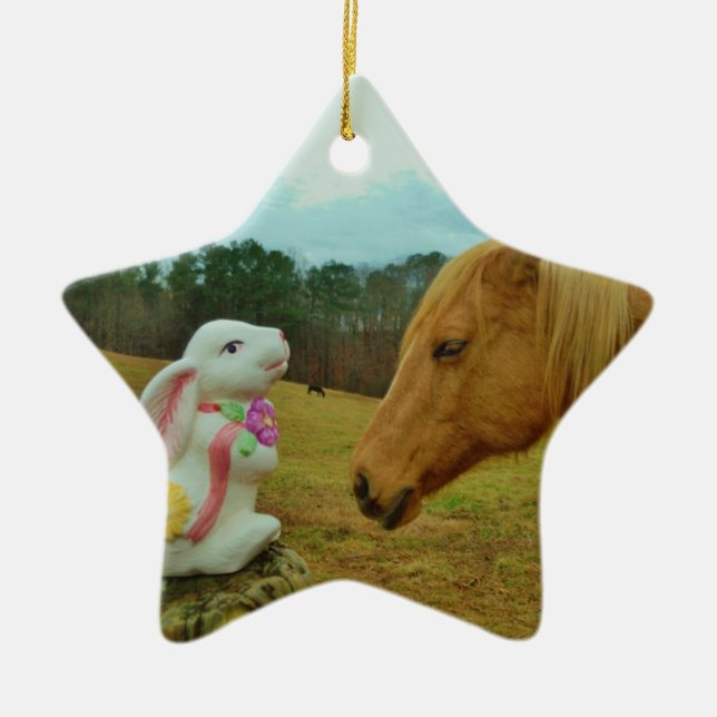Ornement En Céramique Blond Jaune cheval & Bunny de Pâques (Devant)