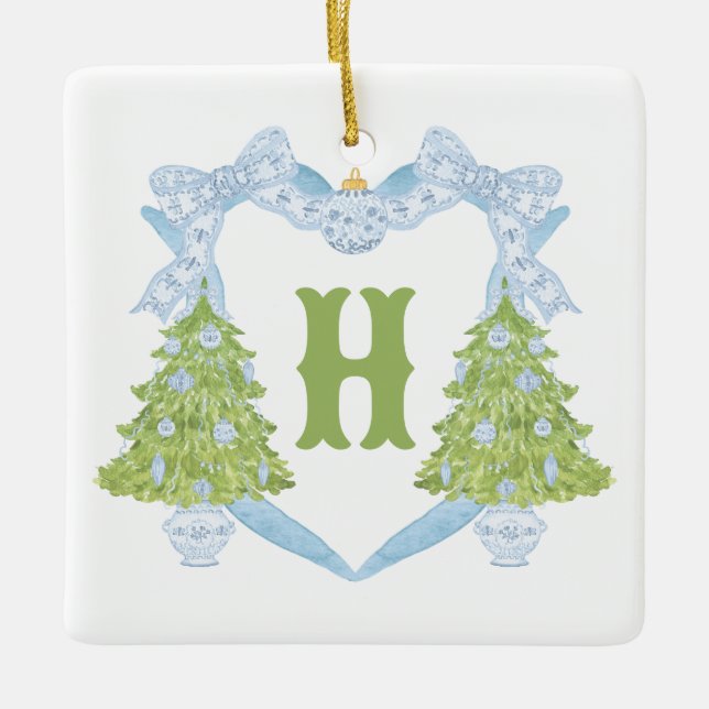 Ornement En Céramique Blue Chinoiserie Arbre de Noël Monogram Crest (Devant)