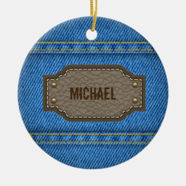 Ornement En Céramique Blue denim jeans with leather name (Devant)
