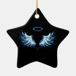 Ornement En Céramique Blue Glowing Angel Wings on black background