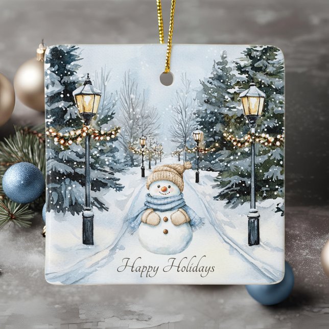 Ornement En Céramique Blue Winter Neige Aquarelle Snowman Joyeux Vacance (Créateur téléchargé)