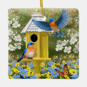 Ornement En Céramique Bluebirds et Tall Yellow Birhouse