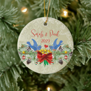 Ornement En Céramique Bluebirds Garland Pinecones Noël et photo