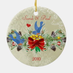 Ornement En Céramique Bluebirds Garland Pinecones Noël et photo