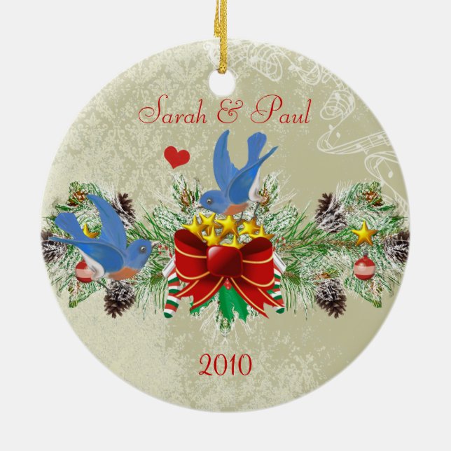 Ornement En Céramique Bluebirds Garland Pinecones Noël et photo (Dos)