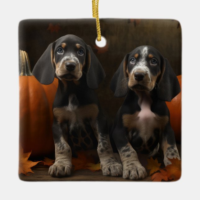 Ornement En Céramique Bluetick Coonhound Chiot Automne Citrouille de pla (Devant)
