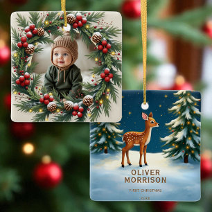 Ornement En Céramique Bois personnalisé Premier Cerf de Noël