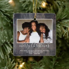 Ornement En Céramique Bois rustique Joyeux script de Noël Photo de famil