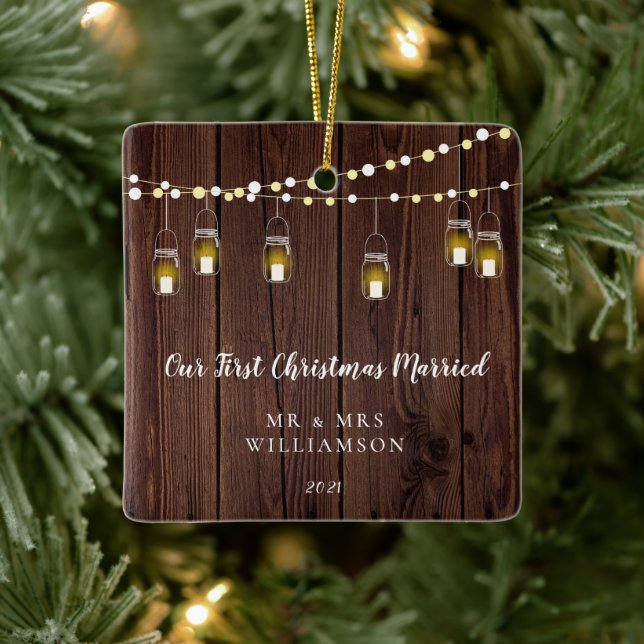 Ornement En Céramique Bois rustique Notre premier Noël Marié (Arbre)